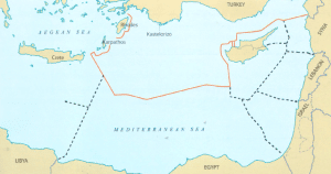 מפה 4: המים הכלכליים / המדף היבשתי הפוטנציאלי של תורכיה במזרח הים התיכון על פי עקרון השוויון שתורכיה מציעה. מקור: Prio Cyprus Centre (2013)