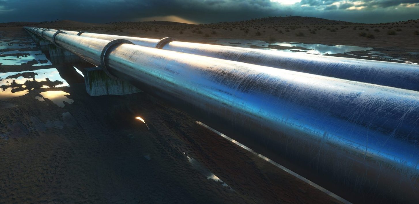 Pipeline transportation oil, natural gas or water in metal pipe. Oil concept. 3d rendering