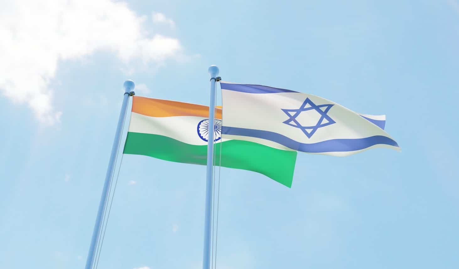 India and Israel, two flags waving against blue sky. 3d image