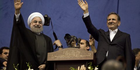 Iranian President Hassan Rouhani and first deputy Ishaq Jahangiri election rally in Tehran's Azadi Stadium, May 13, 2017.