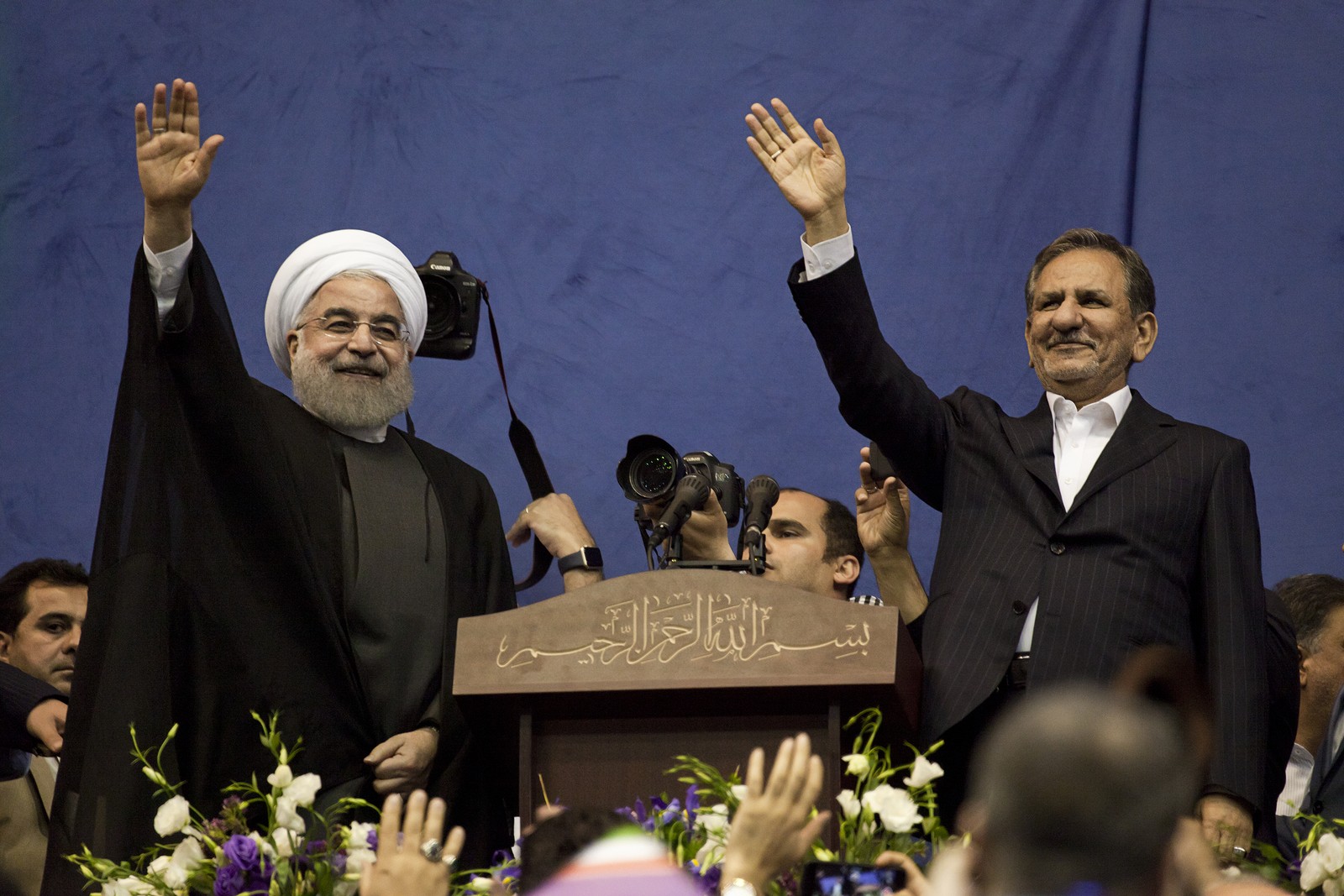 Iranian President Hassan Rouhani and first deputy Ishaq Jahangiri election rally in Tehran's Azadi Stadium, May 13, 2017.