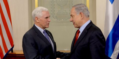 Prime Minister Benjamin Netanyahu meets with Mike Pence at the Prime Minister Offics in Jerusalem.