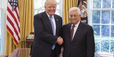 President Donald Trump and President of the Palestinian National Authority Mahmoud Abbas shakes hands as they meet, Wednesday, May 3, 2017, in the Oval Office of the White House in Washington, D.C. (Official White House Photo by Shealah Craighead)