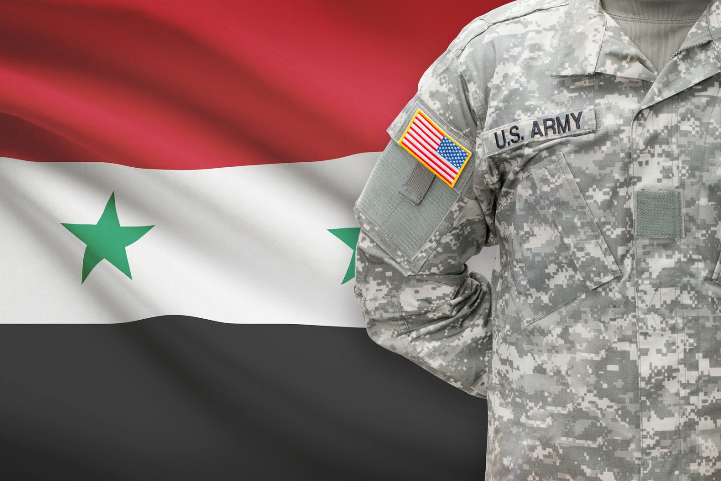 American soldier with flag on background - Syria