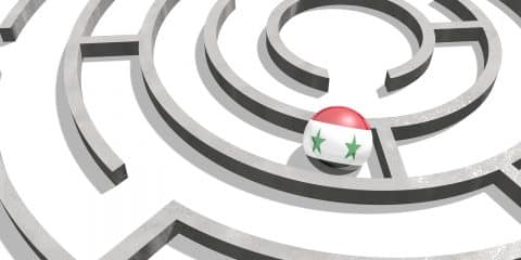 Image relative to politic situation in Syria. National flag textured sphere in labyrinth. 3d rendering