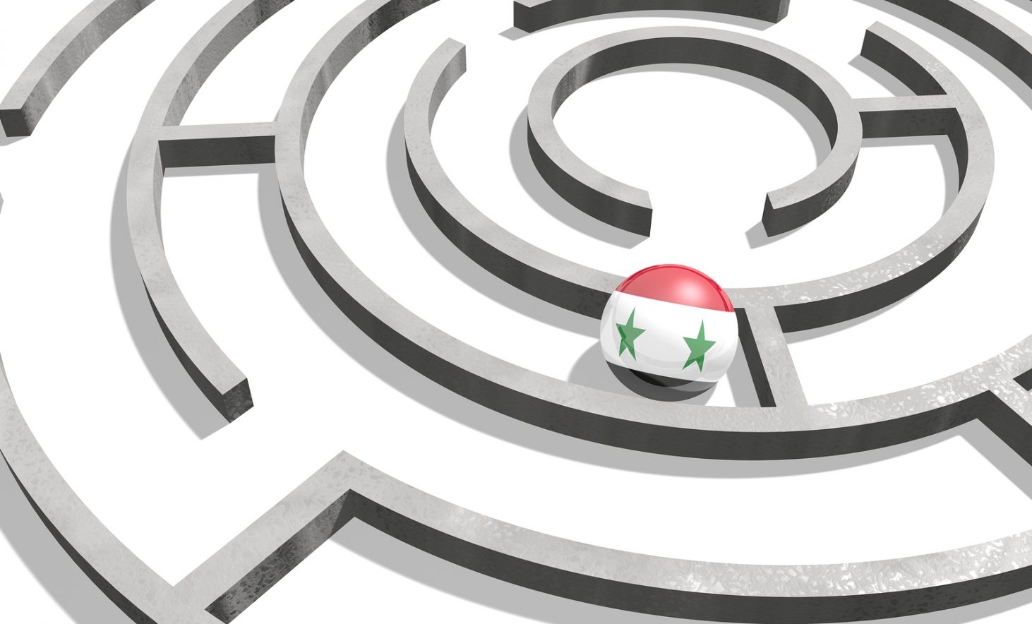 Image relative to politic situation in Syria. National flag textured sphere in labyrinth. 3d rendering
