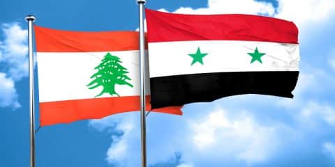 Lebanon flag with Syria flag, 3D rendering
