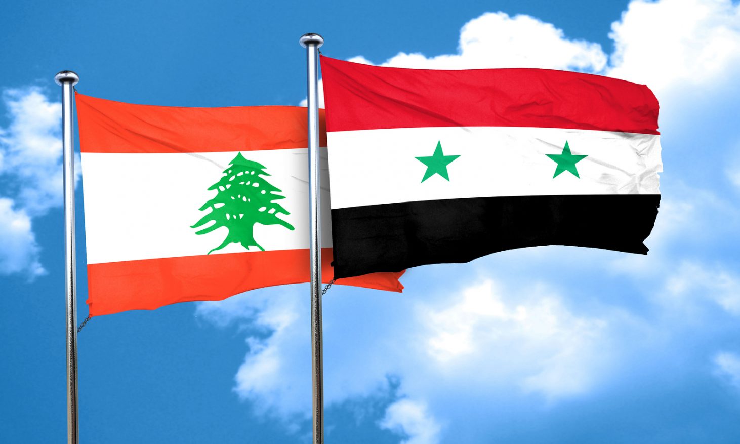 Lebanon flag with Syria flag, 3D rendering
