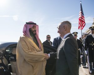 Defense Secretary James N. Mattis meets with Saudi Arabia’s First Deputy Prime Minister and Minister of Defense, Crown Prince Mohammed bin Salman bin Abdulaziz at the Pentagon in Washington D.C., Mar. 22, 2018. (DoD photo by Navy Mass Communication Specialist 1st Class Kathryn E. Holm)
