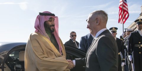 Defense Secretary James N. Mattis meets with Saudi Arabia’s First Deputy Prime Minister and Minister of Defense, Crown Prince Mohammed bin Salman bin Abdulaziz at the Pentagon in Washington D.C., Mar. 22, 2018. (DoD photo by Navy Mass Communication Specialist 1st Class Kathryn E. Holm)