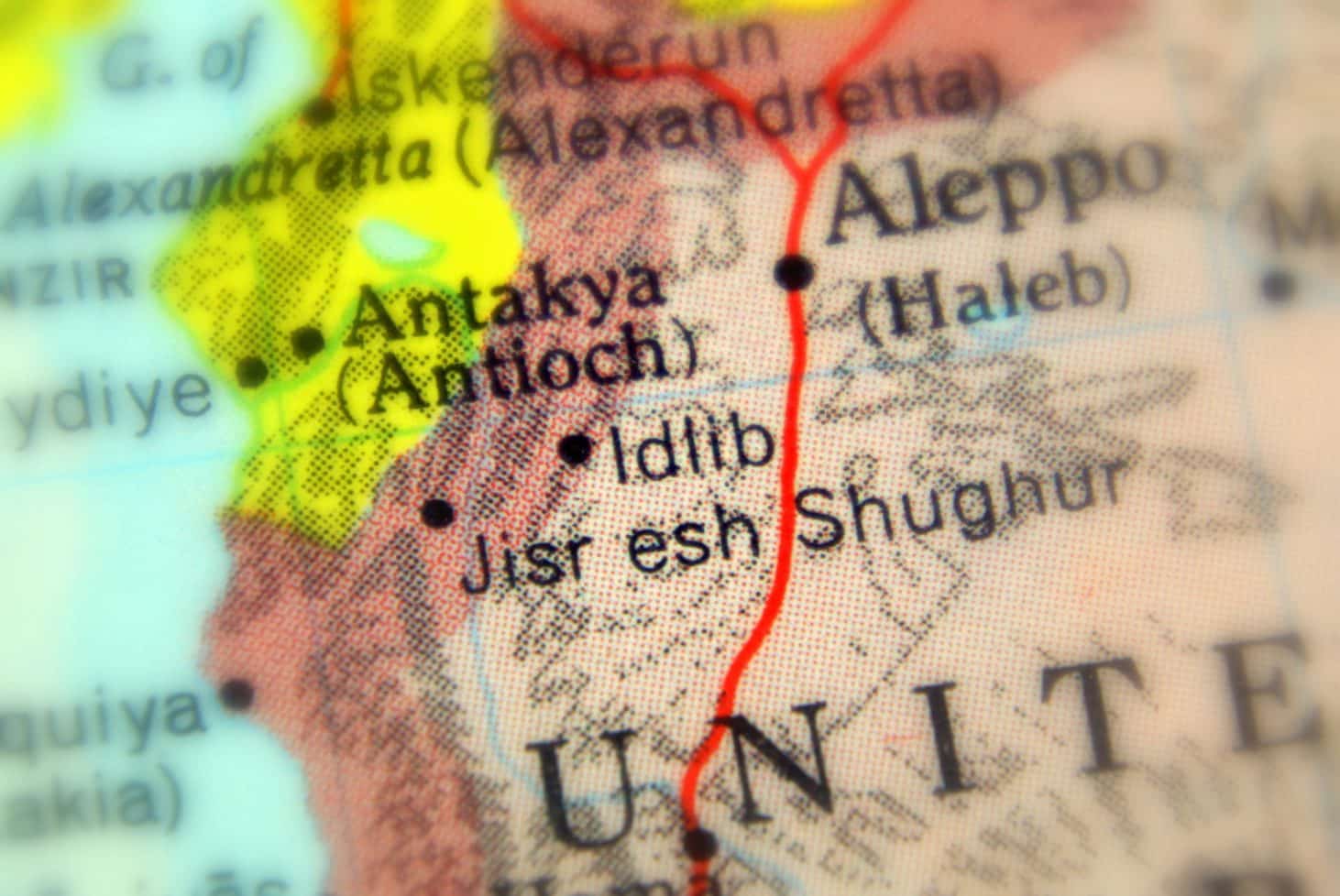 Idlib, a city in Syria on a map (selective focus)