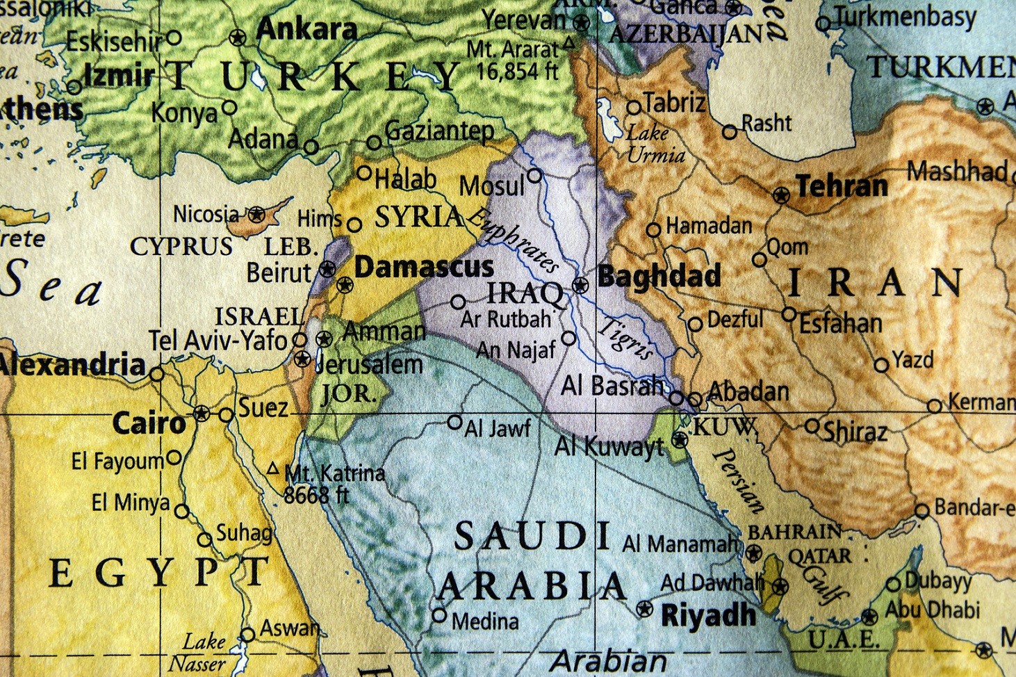 colored map of Syria, Iraq, and surrounding middle east