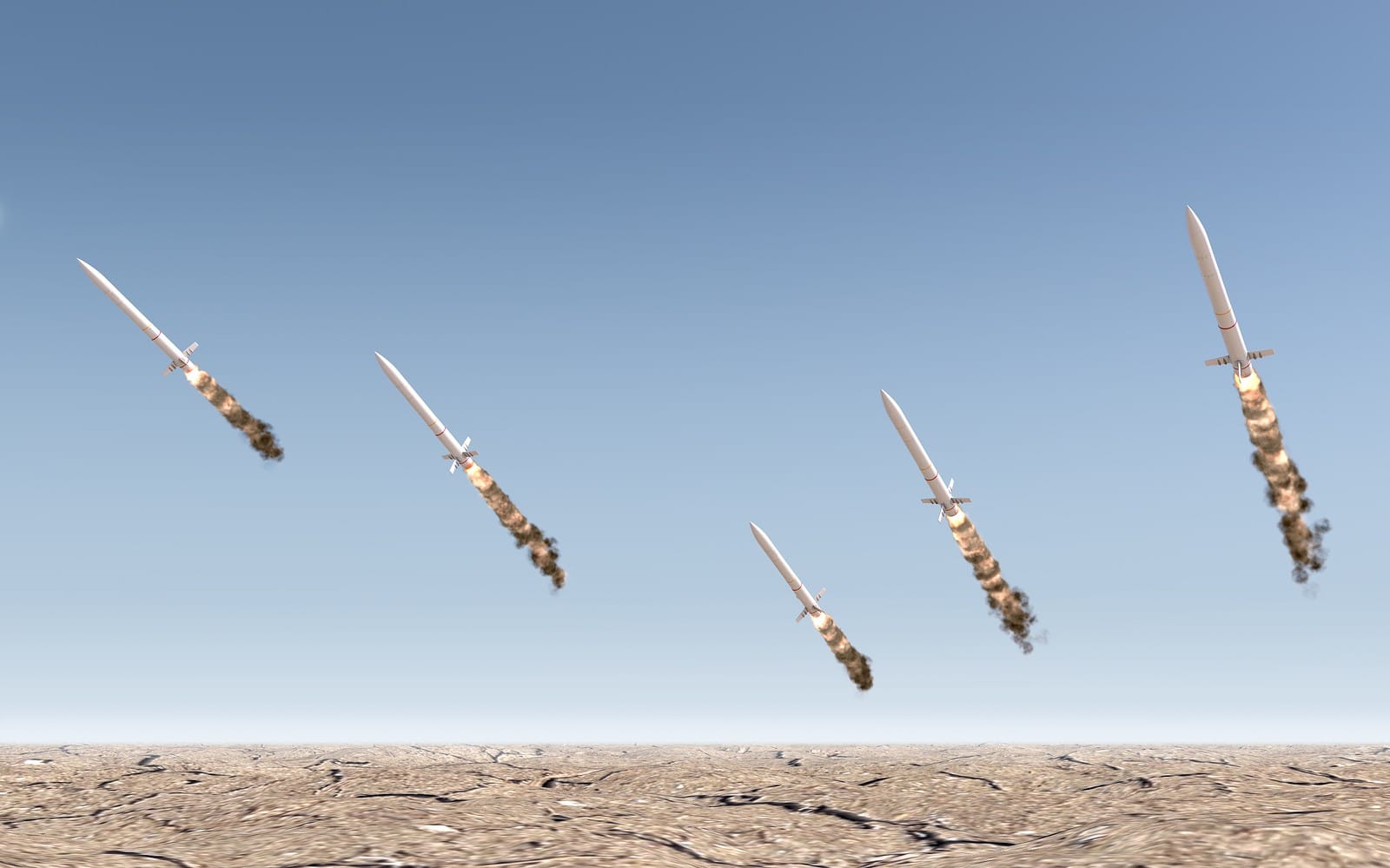 A row of intercontinental ballistic missiles launching in a desert on a blue sky backgrund - 3D render