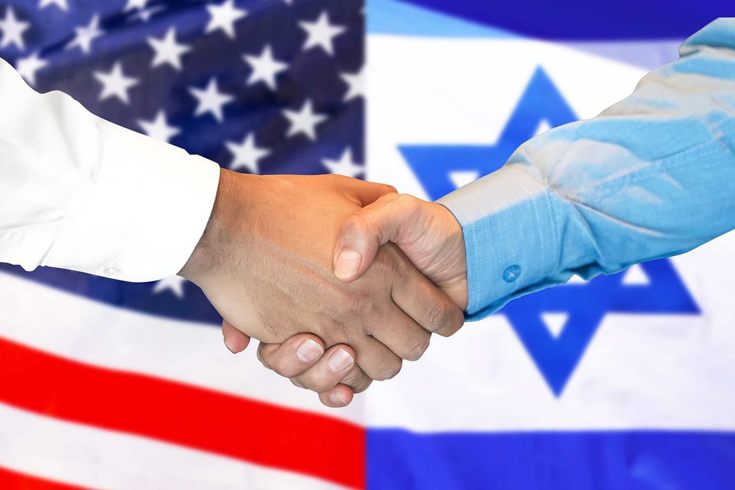 Business handshake on the background of two flags. Men handshake on the background of the United States of America and Israel flag. Support concept
