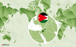 America centric world map with magnified Jordan map. Green polygonal world map.