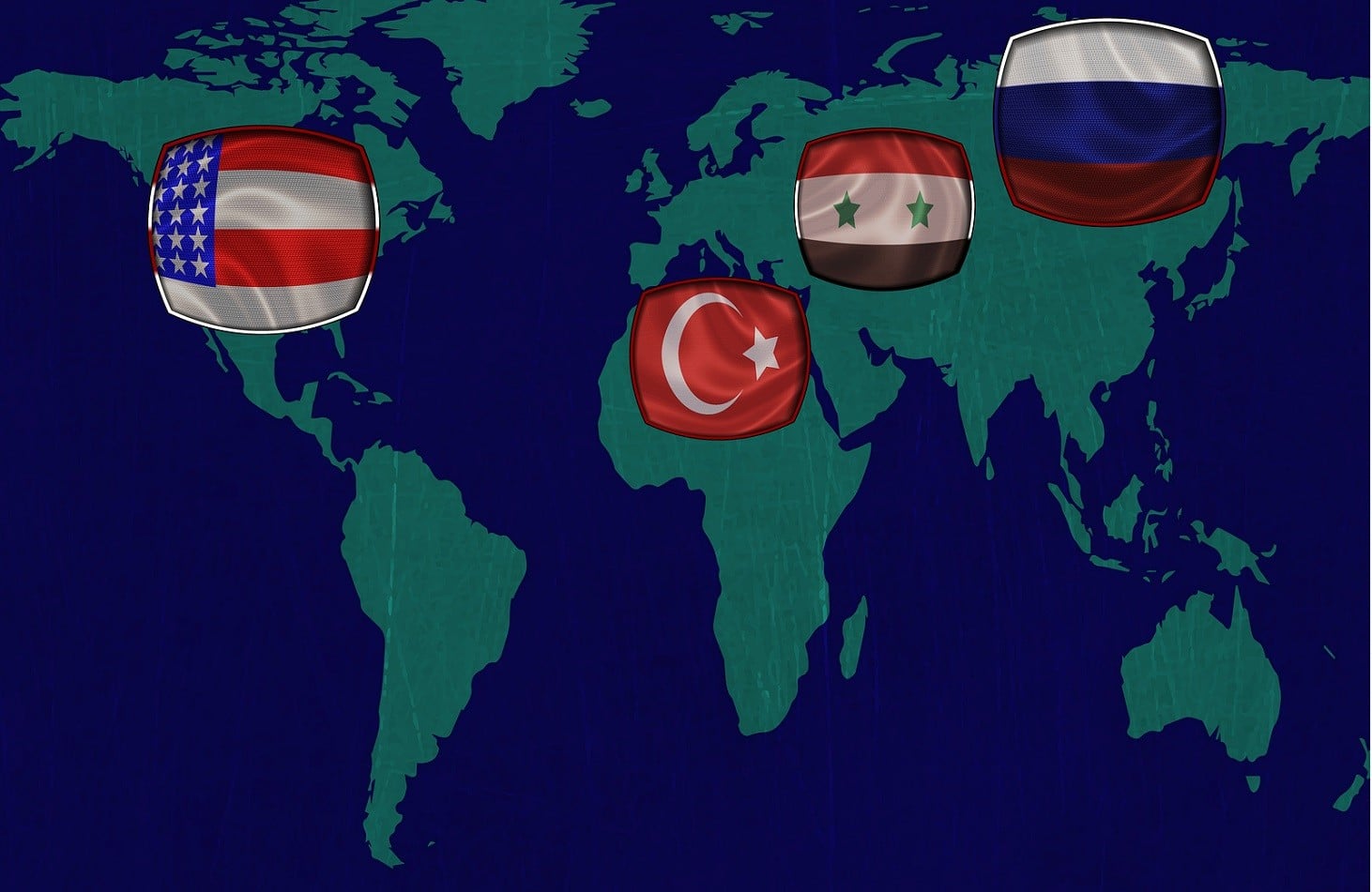flags of Russia, Syria, United States, Turkey on world map