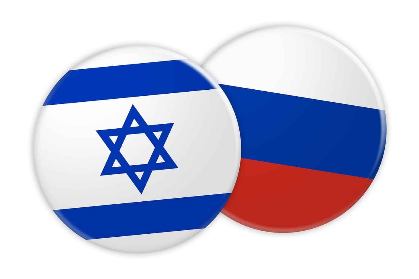 News Concept: Israel Flag Button On Russia Flag Button 3d illustration on white background