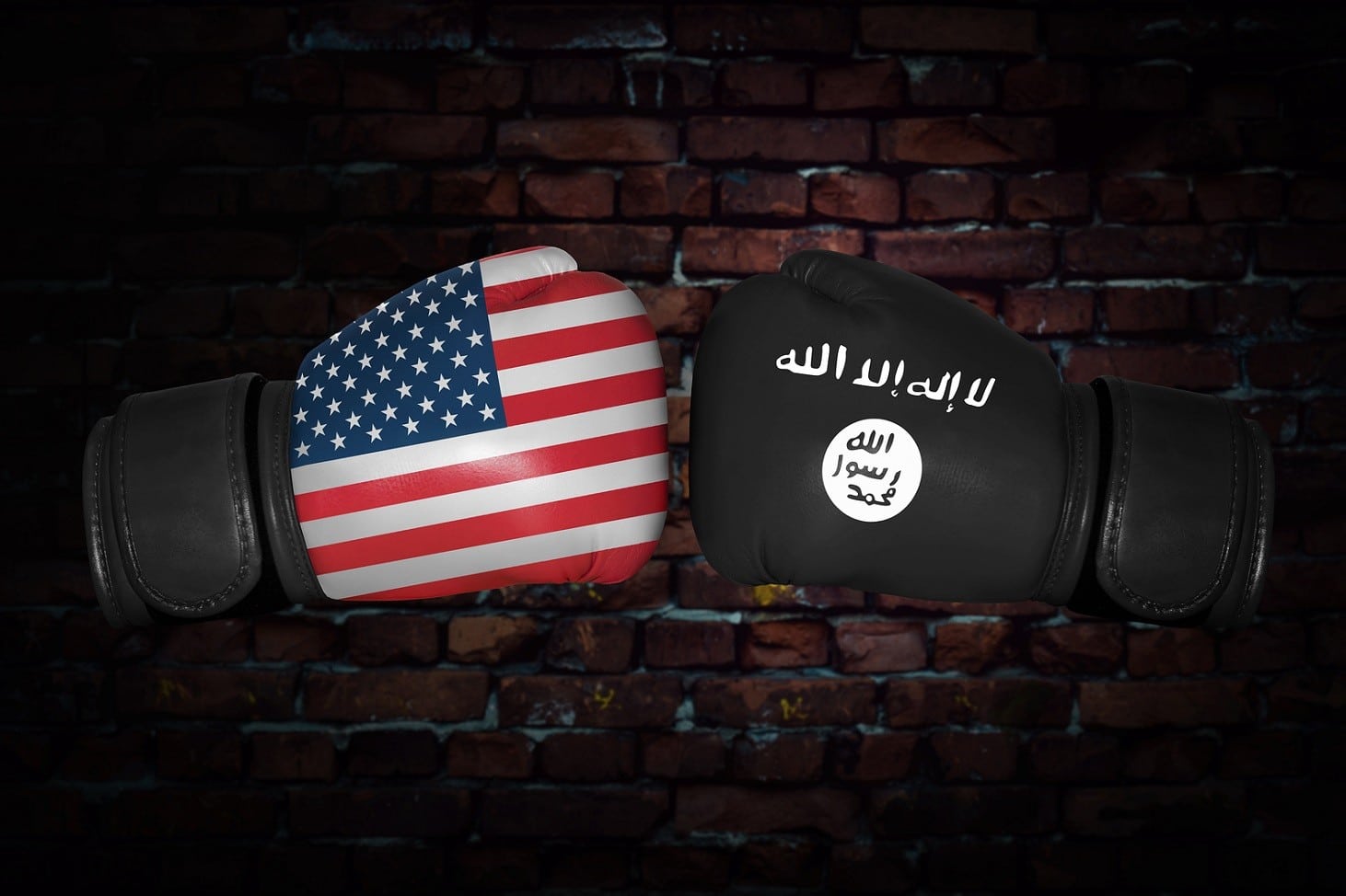 A boxing match. Confrontation between the USA and ISIS. Islamic state and American national flags on Boxing gloves. Sports competition between the two countries. foreign policy conflict.