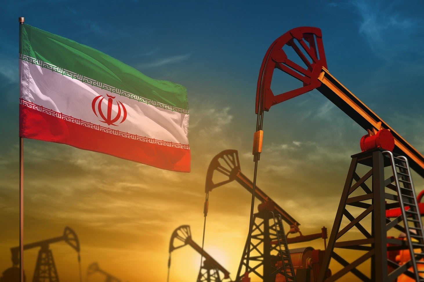 Iran oil industry concept, industrial illustration. Fluttering Iran flag and oil wells on the blue and yellow sunset sky background - 3D illustration