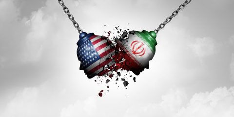 Iran US middle east clash as a USA or United States crisis in the Persian gulf concept as an American and Iranian security problem due to economic sanctions and nuclear deal dispute in a 3D illustration style.