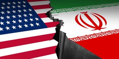 Iran US showdown and middle east clash as a USA or United States crisis in the Persian gulf concept as an American and Iranian security problem due to economic sanctions and nuclear deal as a 3D illustration.