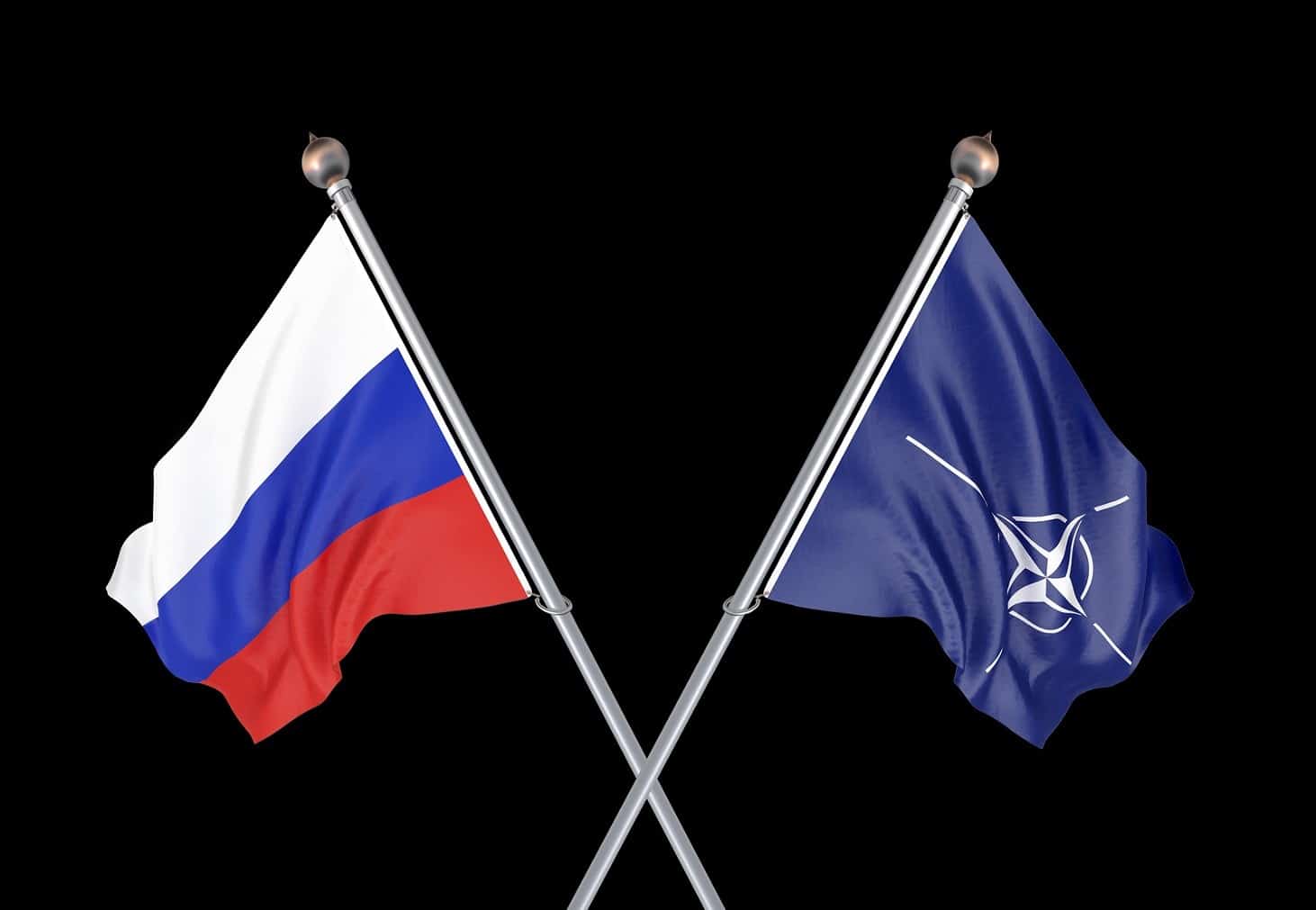 Russia vs Nato. Thick colored silky flags of Russia and Ukraine. 3D illustration on black background. - 3d Illustration.