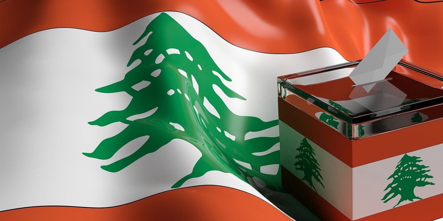 Glass ballot box on Lebanon flag background 3d illustration