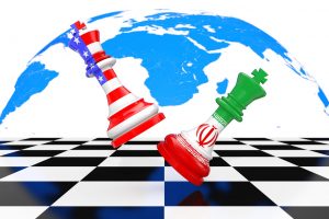 US America and Iran Kings Chess Fighting over a Chess Board on a white background. 3d Rendering