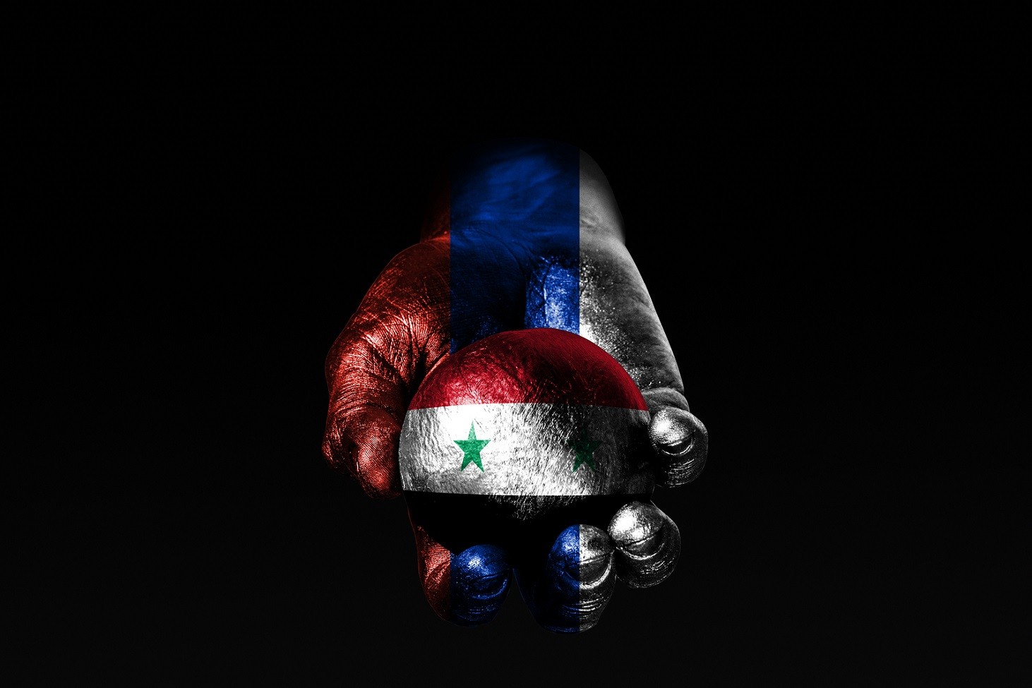 A hand with a drawn Russia flag holds a ball with a drawn Syria flag, a sign of influence, pressure or conservation and protection. Horizontal frame