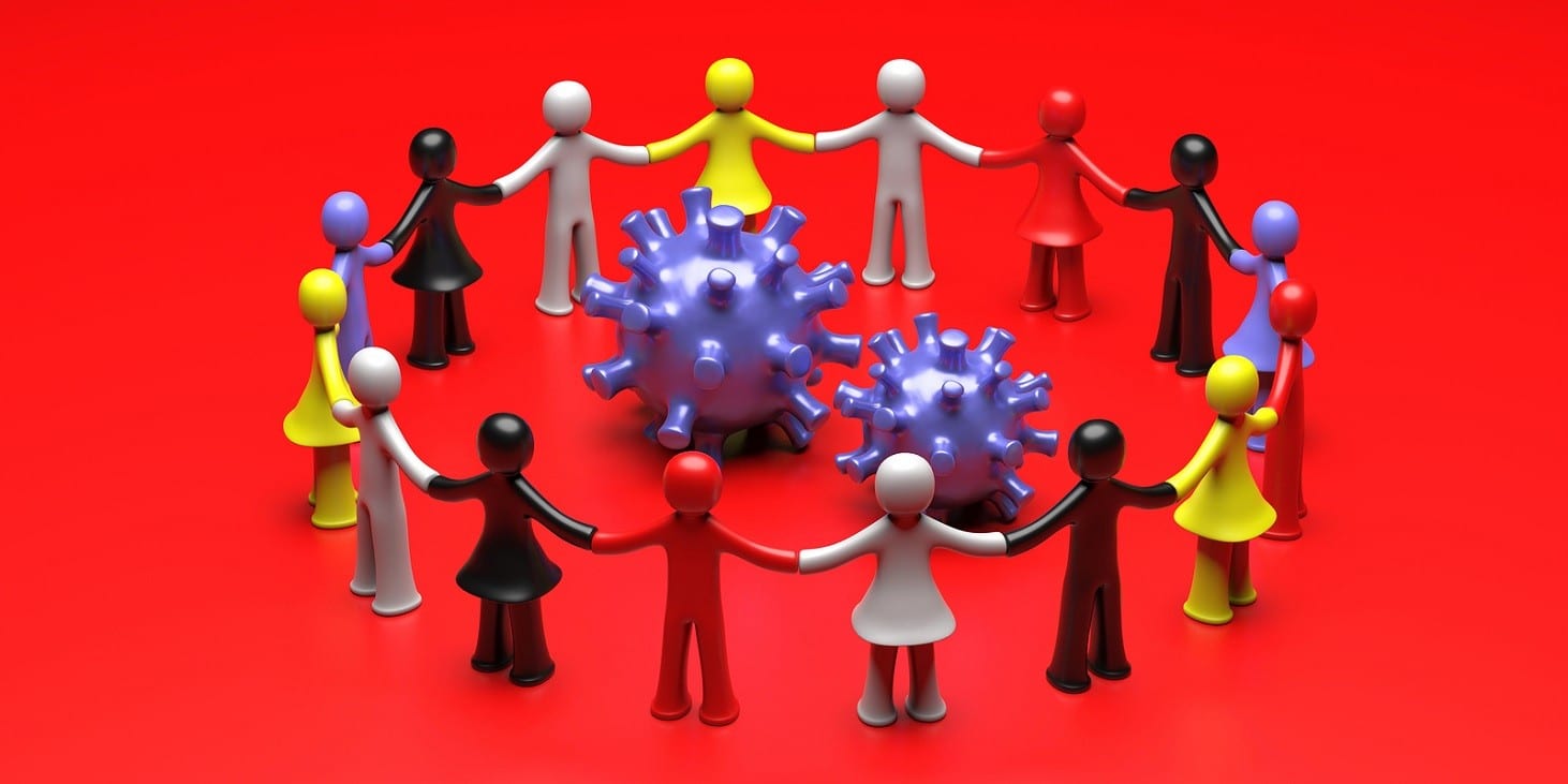Human Figures Circle Holding Hands Around Coronavirus On Red Bac