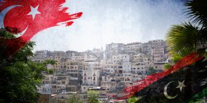 Libya Turkey flags illustration on Tripoli Background