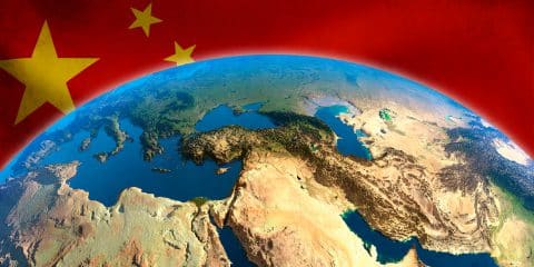 Middle East view from satellites and china flag illustration