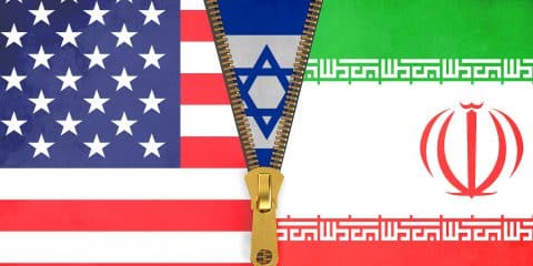 Flags of Iran, USA and Israel political concept