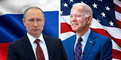 ביידן ופוטין, ברקע דגל אה״ב ודגל רוסיה