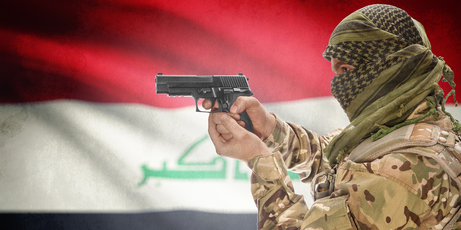 Male with gun in hand and national flag on background series - Iraq