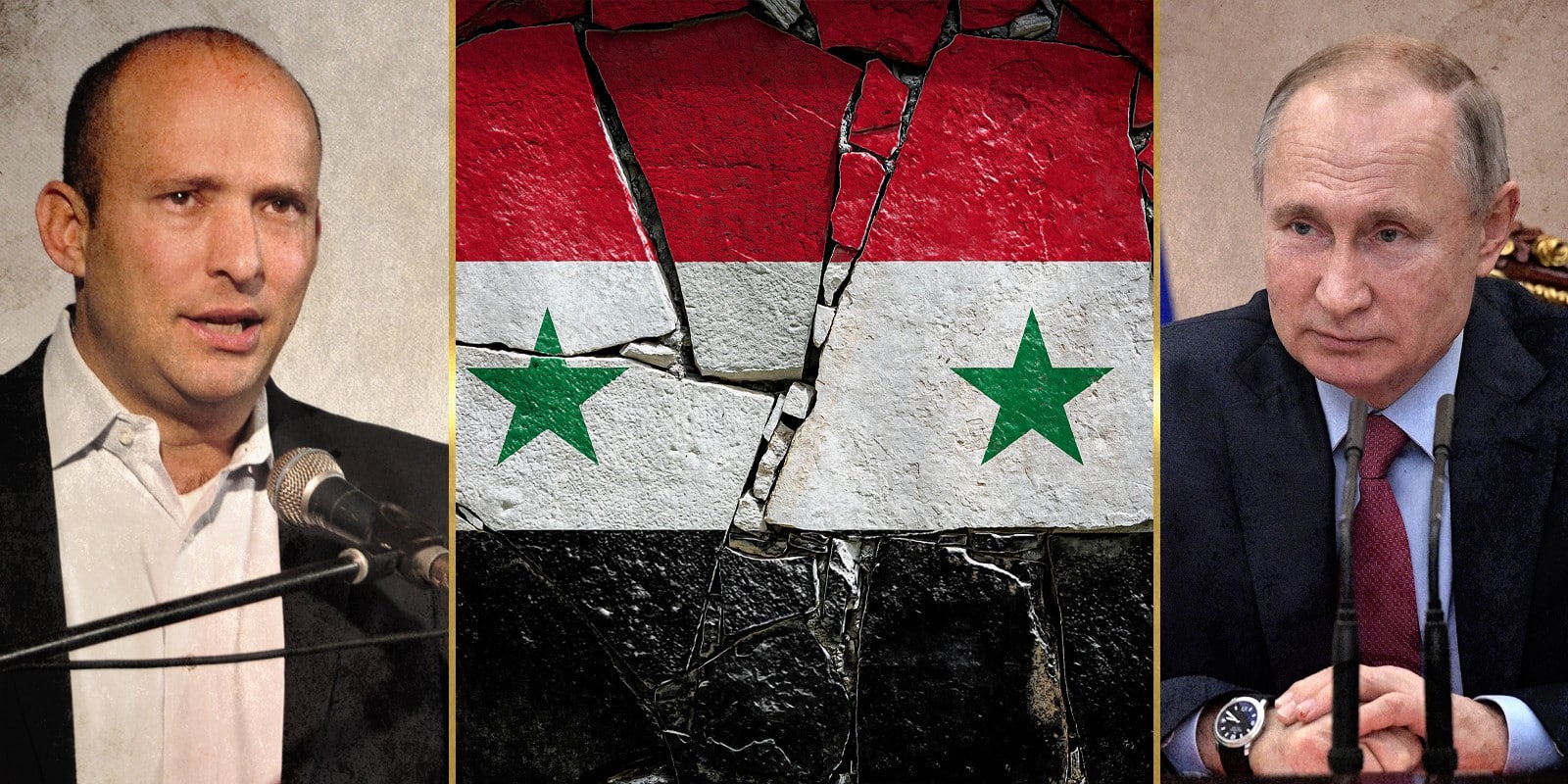 Putin, Bennett and Syria flag