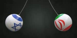 Balls on ropes in the colors of the national flags of Israel and Iran are directed towards each other