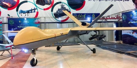 Shahed 129 UAV seen during the Eqtedar 40 defence exhibition in Tehran.
