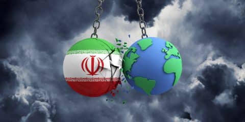 Iran flag ball smashing into planet earth illustration