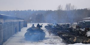 Kharkiv, Ukraine - January, 31, 2022: Tanks with tankers turn around and go to the training ground