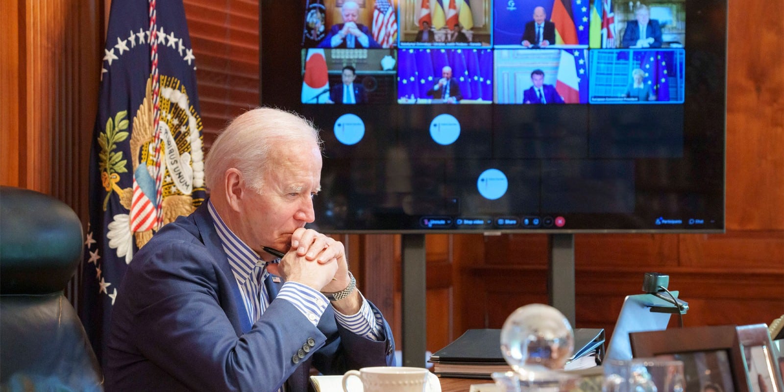 President Joe Biden listens during the Group of Seven video conference from his private residence, May 8, 2022 in Greenville, Delaware.