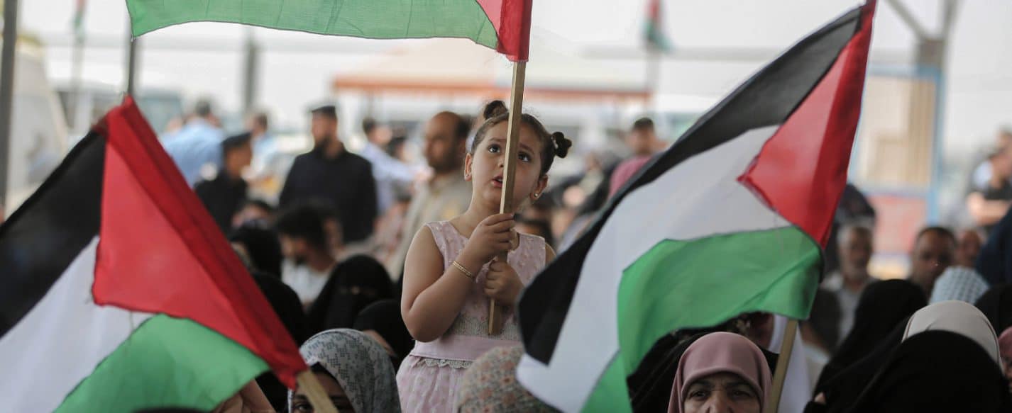 A Palestinian child holds a Palestinian flag