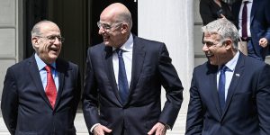Greece Athens, Three-day meeting of Foreign Ministers of Greece, Nikos Dendias M , Israel, Yair Lapid R and Cyprus, Ioannis Kasoulidis L