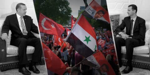 Illustration: Erdogan and Assad and a protest with Turkish and Syrian flags