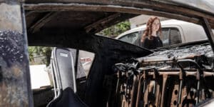May 12, 2021, Lod, Israel: Debris and torched vehicles litter the streets of the mixed Jewish Arab city of Lod following a night of Arab rioting against Jews throughout the country in a show of support for Hamas.