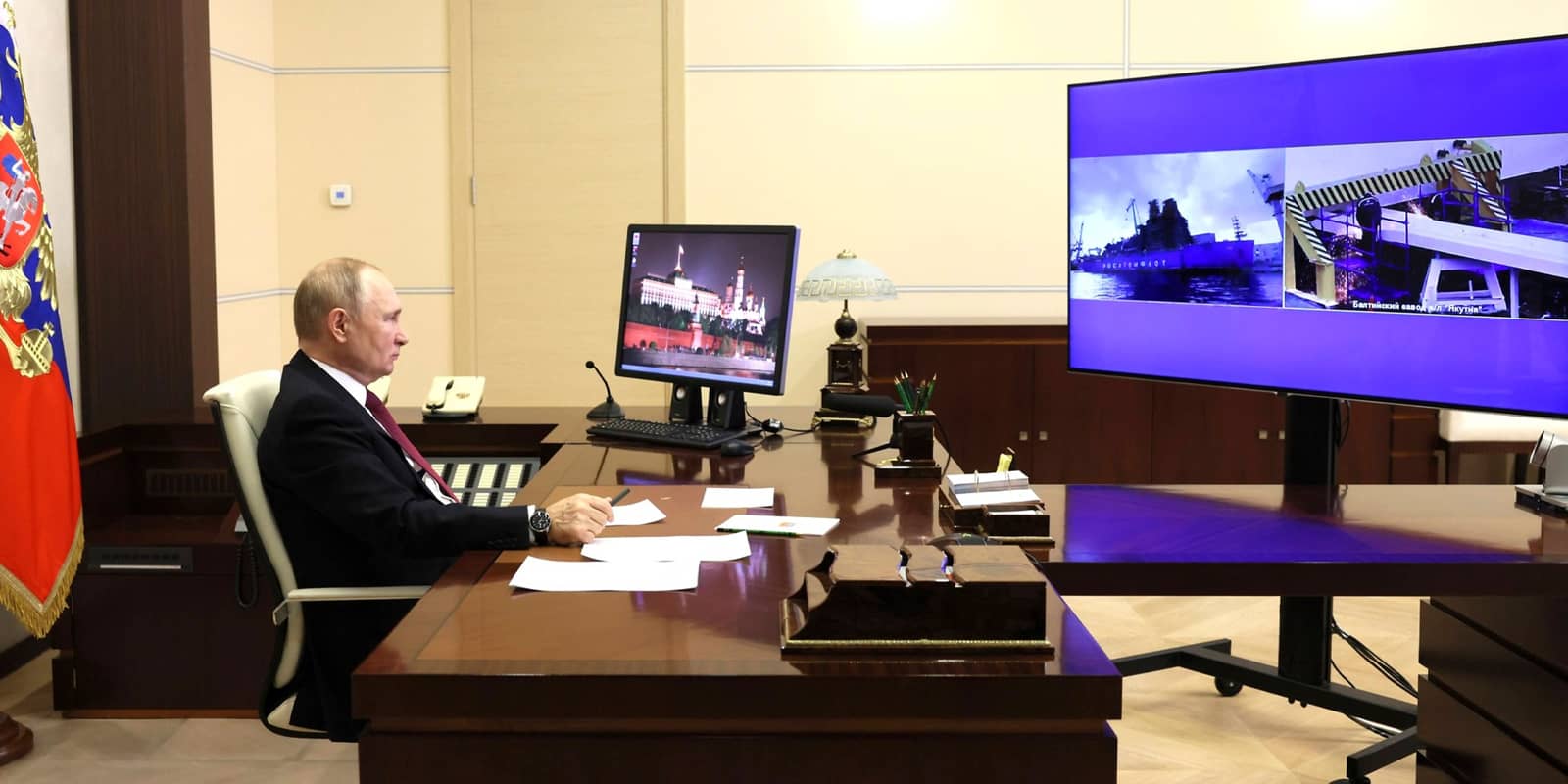 Russian President Vladimir Putin watches the launching of the nuclear-powered icebreakers Ural and Yakutia via video link from the presidential residence of Novo-Ogaryovo, November 22, 2022 in Moscow, Russia.