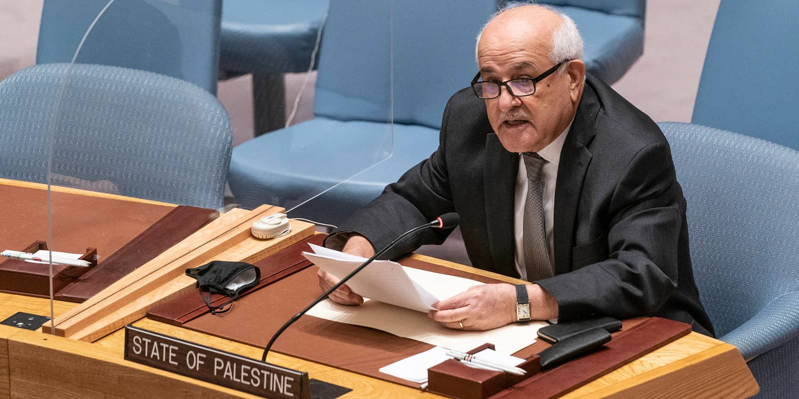 Security Council open discussion of the situation in the Middle East Permanent Representative of State of Palestine Riyad Mansour speaks during discussion of the situation in the Middle East including the Palestinian question at UN Headquarters.