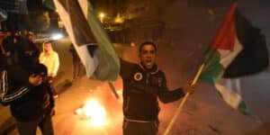Palestinians protest against the Israel in Gaza.