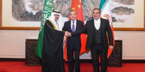 Wang Yi (C), a member of the Political Bureau of the Communist Party of China (CPC) Central Committee and director of the Office of the Foreign Affairs Commission of the CPC Central Committee, attends a closing meeting of the talks between the Saudi delegation led by Musaad bin Mohammed Al-Aiban (L), Saudi Arabia s Minister of State, Member of the Council of Ministers and National Security Advisor, and Iranian delegation led by Admiral Ali Shamkhani (R), Secretary of the Supreme National Security Council of Iran, in Beijing, capital of China, March 10, 2023.