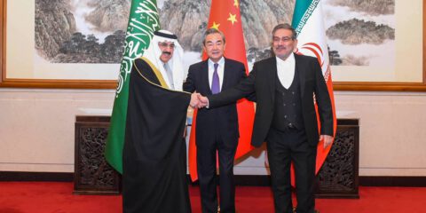 Wang Yi (C), a member of the Political Bureau of the Communist Party of China (CPC) Central Committee and director of the Office of the Foreign Affairs Commission of the CPC Central Committee, attends a closing meeting of the talks between the Saudi delegation led by Musaad bin Mohammed Al-Aiban (L), Saudi Arabia s Minister of State, Member of the Council of Ministers and National Security Advisor, and Iranian delegation led by Admiral Ali Shamkhani (R), Secretary of the Supreme National Security Council of Iran, in Beijing, capital of China, March 10, 2023.